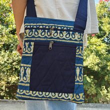 Load image into Gallery viewer, Light Blue Hand-block Printed Travel Sling Bag
