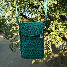 Load image into Gallery viewer, Green Hand-block Printed Mobile Sling Bag