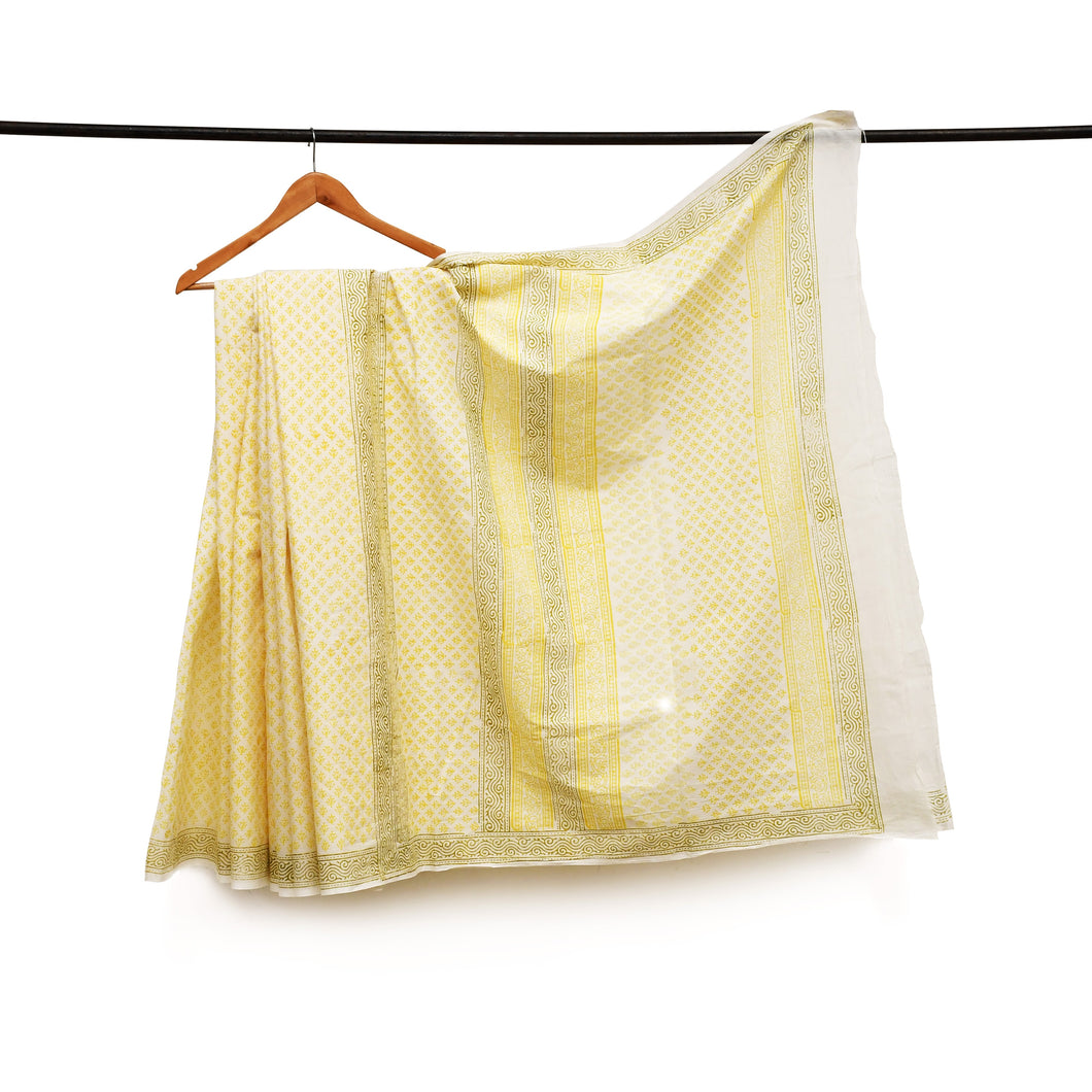 Yellow Booti Handblock Printed Cotton Saree