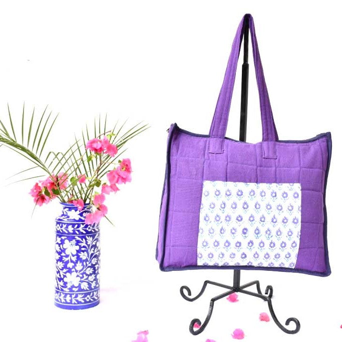 Purple White Handblock Printed Tilonia Patchwork Tote Bag