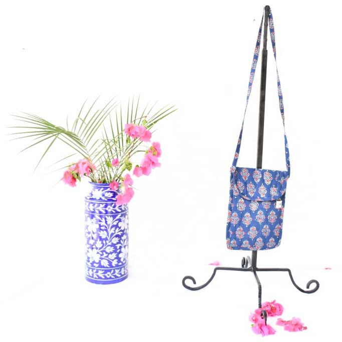 Blue Printed Cotton Mobile Sling Bag