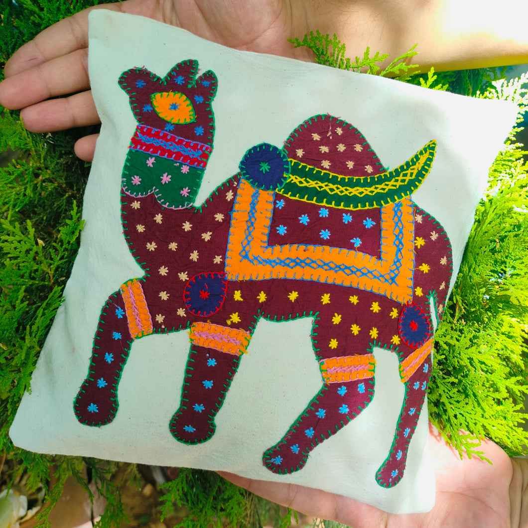 White Base & Multicolour Camel Cushion Cover (Size-10