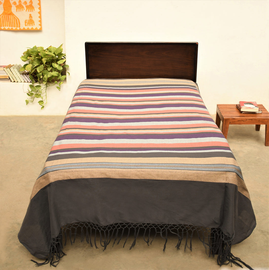 Yellow-Violet Handwoven Weft Striped Bedspread