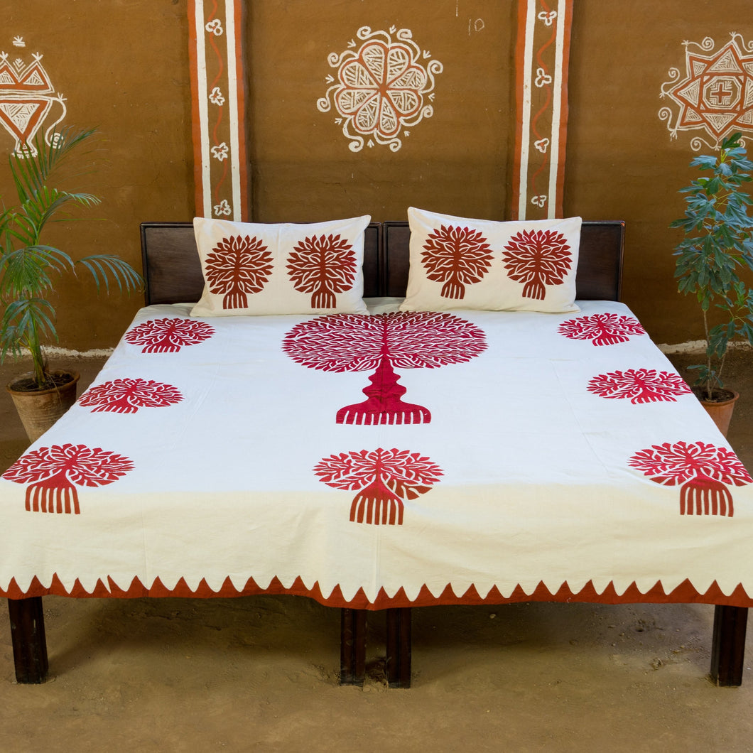 Red Tree of Life Barmer Applique Double Bedspread