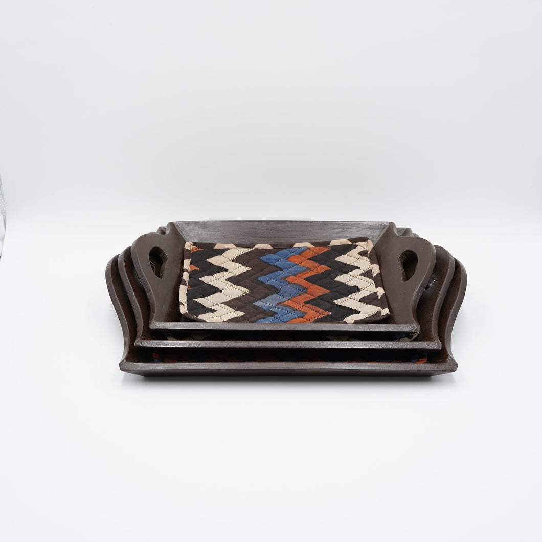Dark Brown Wooden Tray Set - Set of 3 - Slanted Handles