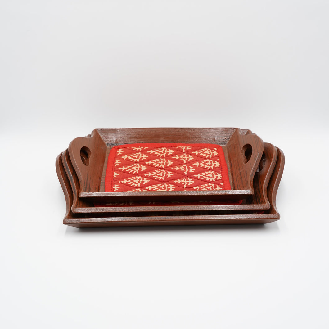 Reddish Brown Wooden Tray Set - Set of 3 - Slanted Handles