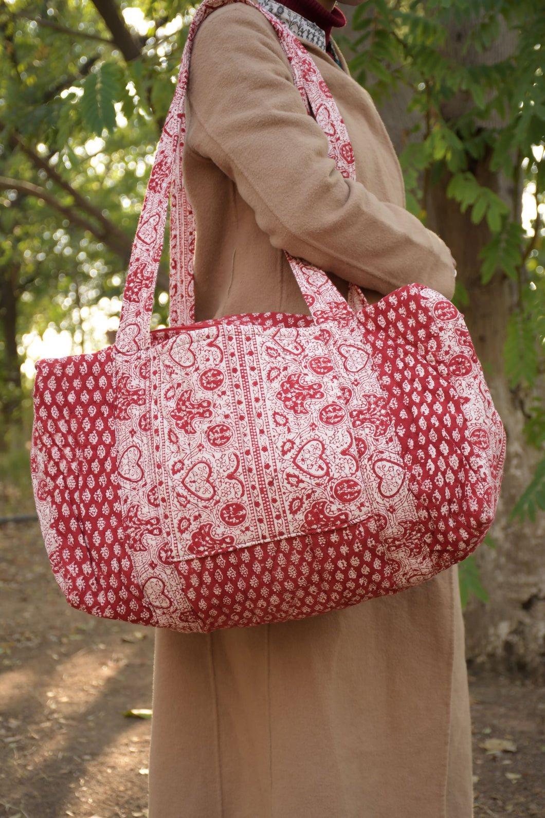 Red Hand-block Printed Floral Cotton Duffle Bag