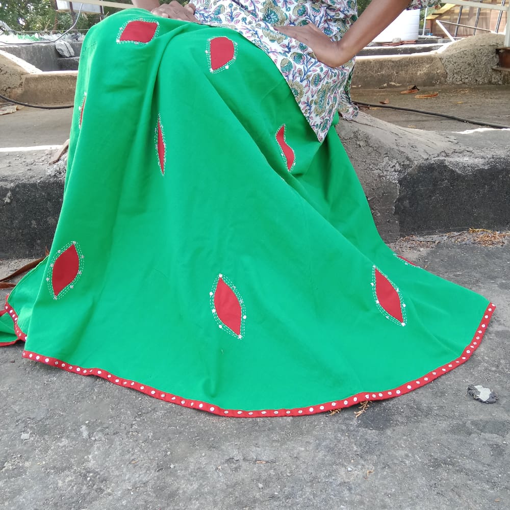 Green and Red Lehenga with Applique thread Work