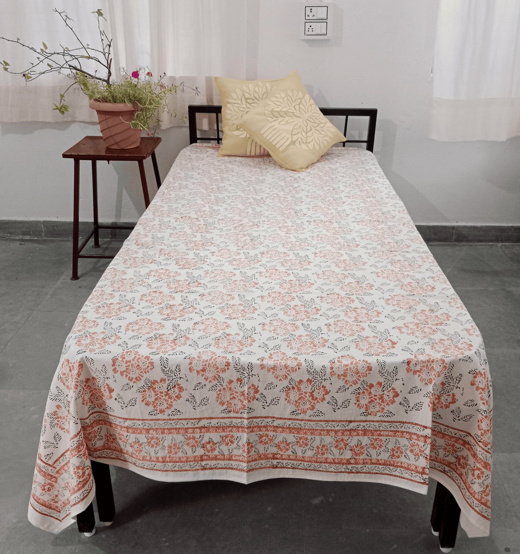 Orange White  Bagru Hand-block Printed Bedspread