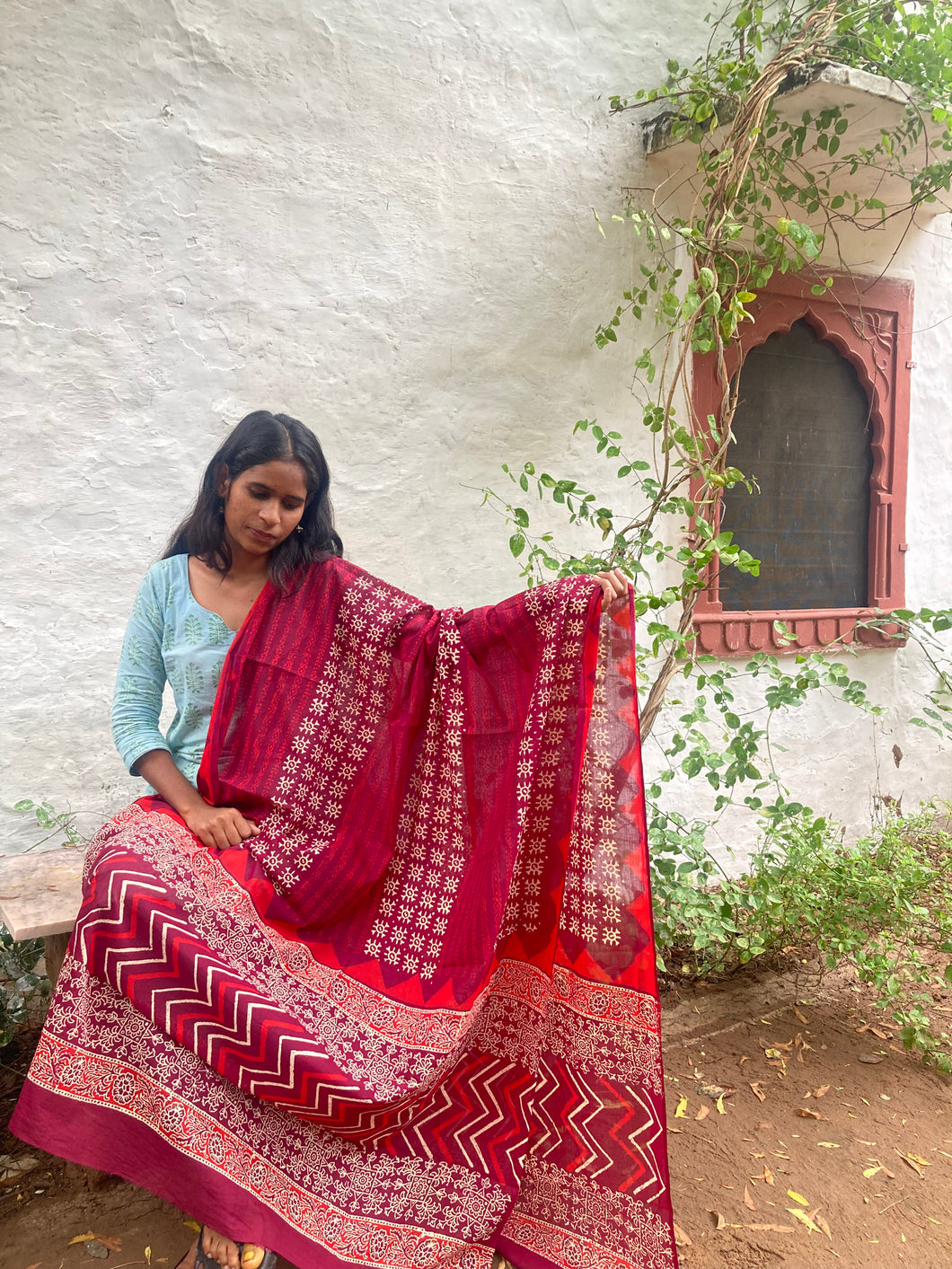 Maroon Handblock Printed Cotton dupatta
