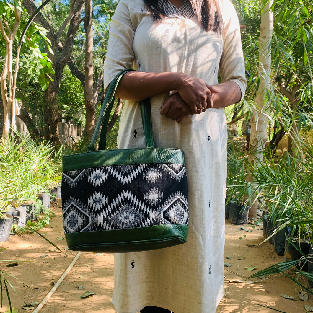 Green & Black Leather Shoulder bag with fabric panel