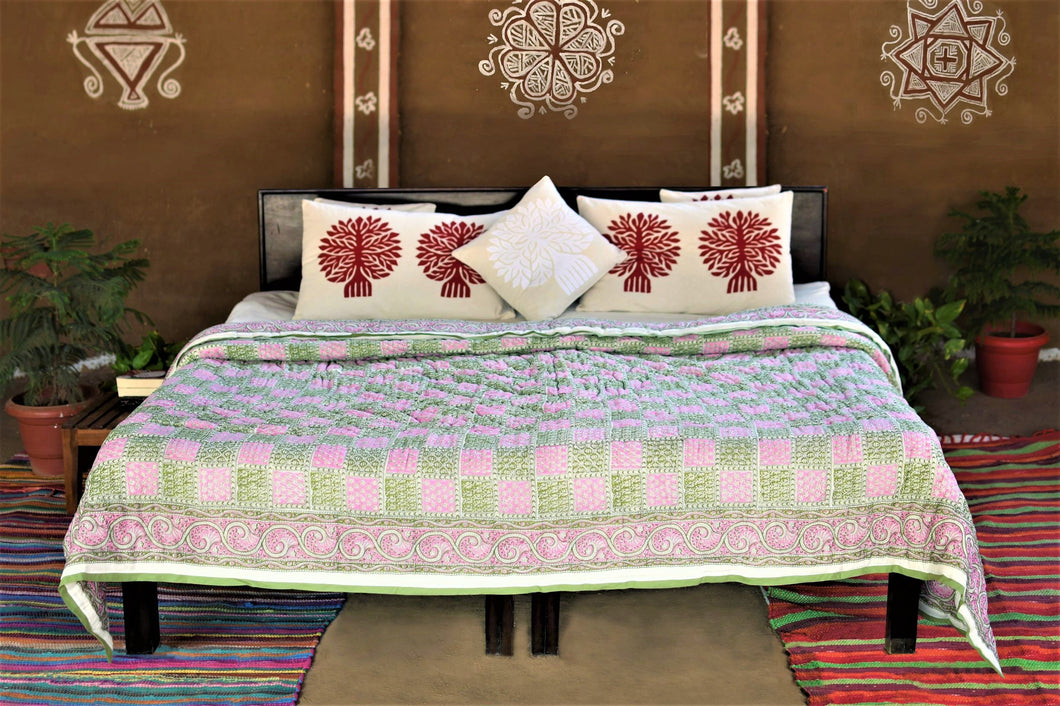 Pink Green Hand-Block Printed Tilonia AC Blanket