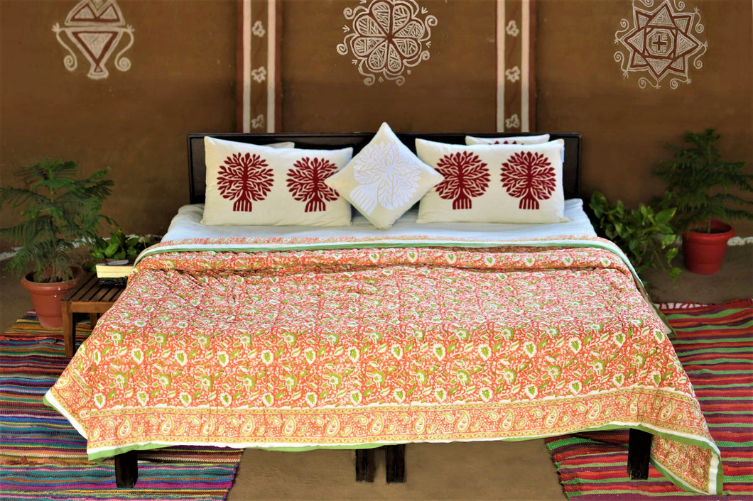 Orange Hand-Block Printed Tilonia AC Blanket